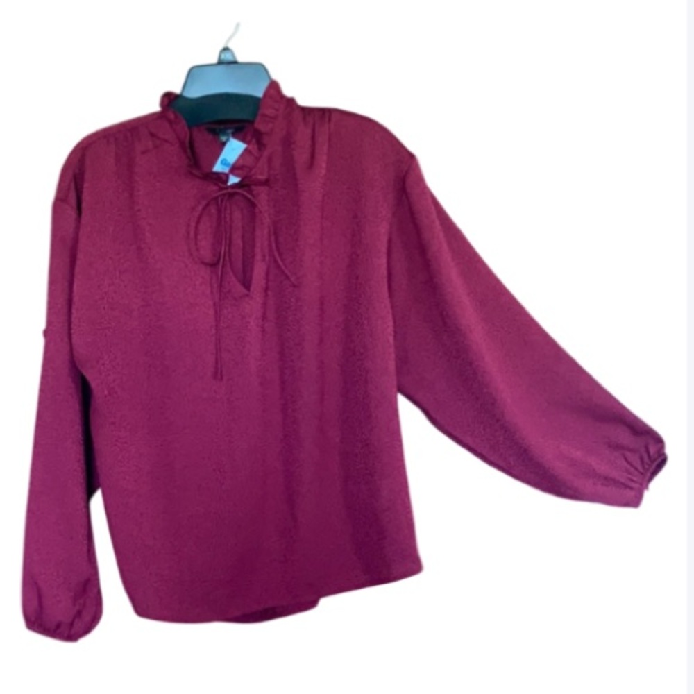 Express dark red blouse ties at neckline ruffle detail office retro M